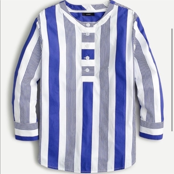 J crew Preppy Striped Henley button Poplin Shirt tunic top blue white combo XL - Picture 1 of 7